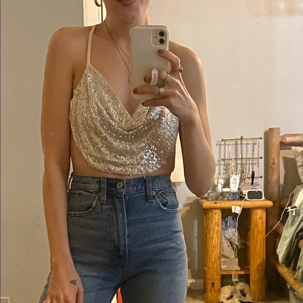 12 Tribe Cowl Neck Sequin Crop Top
